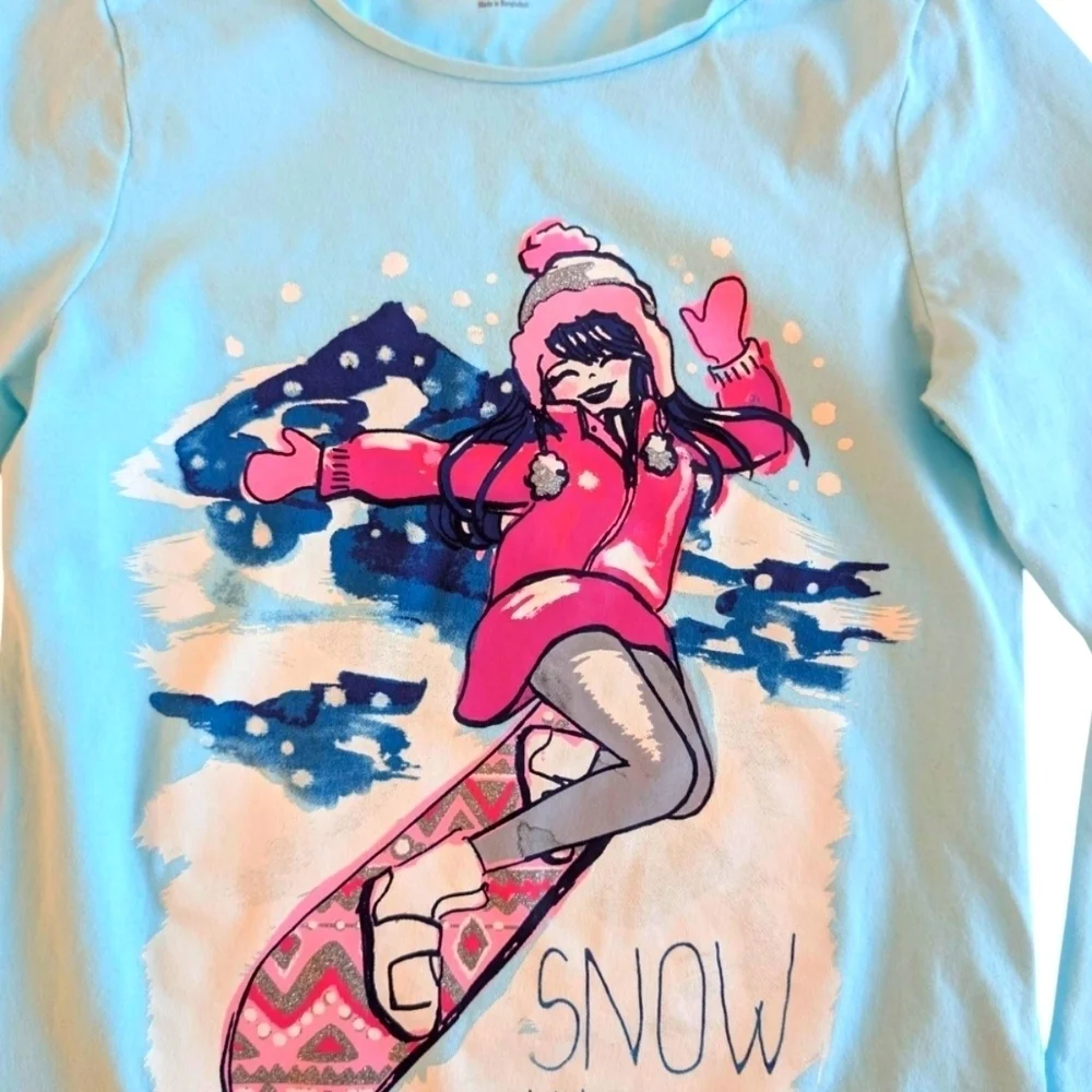 Gymboree Girls Snowboarding Graphic Tee - Blue Cotton SZ S (5-6)